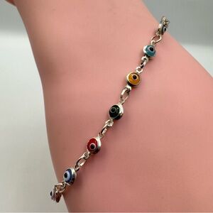 Sterling Silver Evil Eye Bracelet Multicolor Glass Beads 8” Long